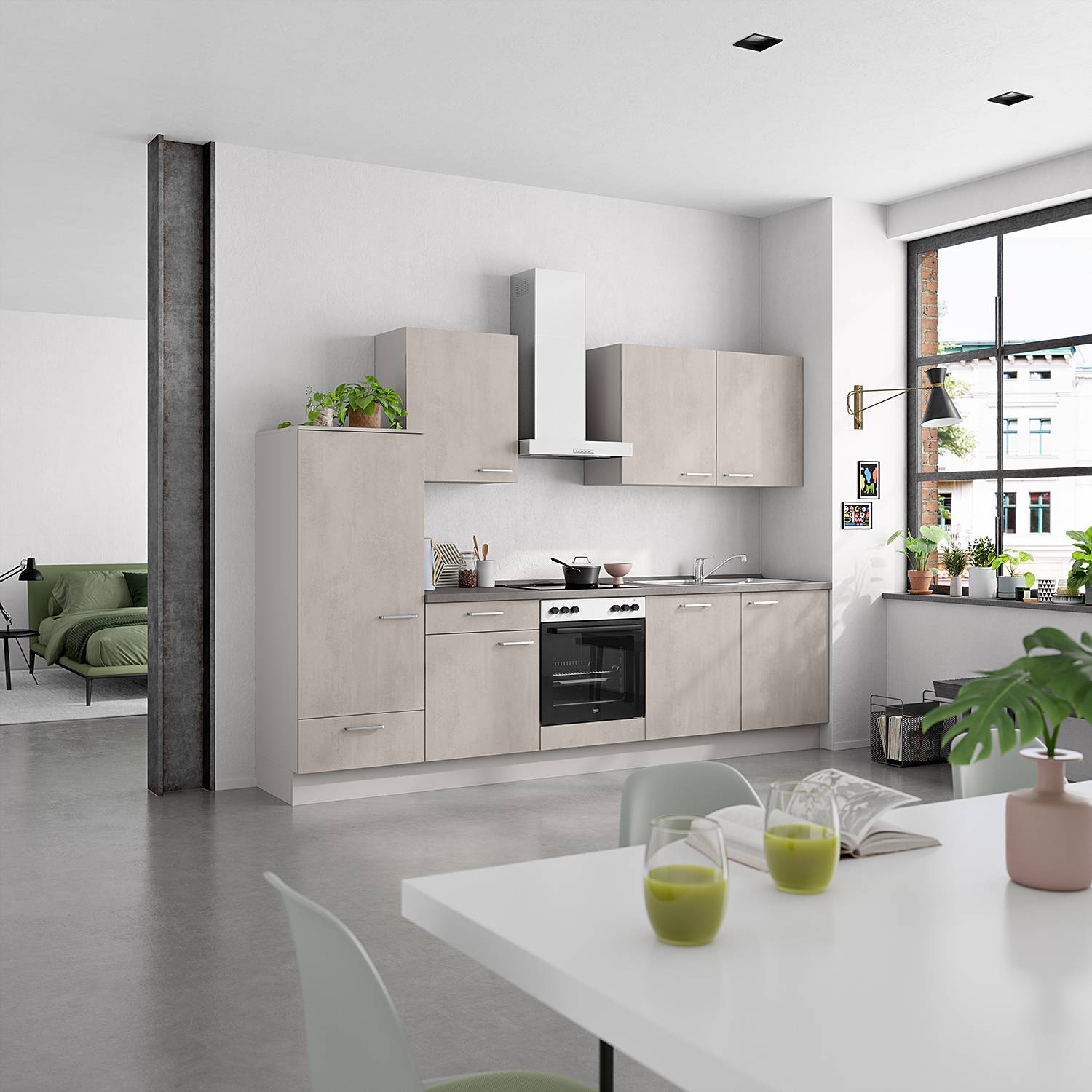 home24 Küchenzeile Low-Line Kombi C 300cm Ausrichtung links Grau/Beton Hell mit Elektrogeräten von home24