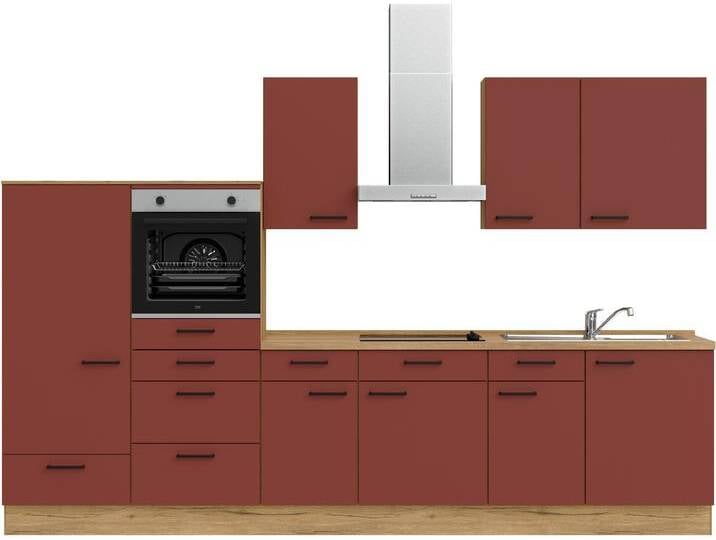 Küchenzeile NOBILIA  Easytouch I , rot (küche: rot, korpus: eiche sierra nachbildung, arbeitsplatte: eiche sierra nachbildung), B:330,3cm H:216,6cm T:60cm, Komplettküchen-Sets, vormontiert, Ausrichtung wählbar, Breite 330 cm, wahlw. mit E-Geräten von nobilia