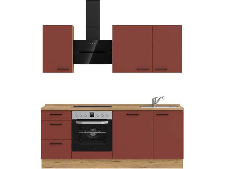Küchenzeile NOBILIA  Easytouch II , rot (front: lacklaminat rostrot ultramatt, korpus: eiche sierra nachbildung, arbeitsplatte: eiche sierra nachbildung), B:210,3cm H:216,6cm T:60cm, Komplettküchen-Sets, vormontiert, Ausrichtung wählbar, Breite 210 cm, wahlw. mit E-Geräten von nobilia