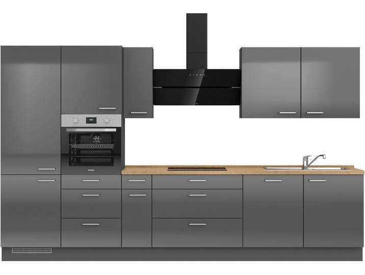 Küchenzeile NOBILIA  Flash II mit Hochglanz Fronten , grau (küche: grau, korpus: schiefergrau, arbeitsplatte: eiche sierra nachbildung), B:360,3cm H:216,6cm T:60cm, Komplettküchen-Sets, vormontiert, Ausrichtung wählbar, Breite 360 cm, wahlw. mit E-Geräten von nobilia
