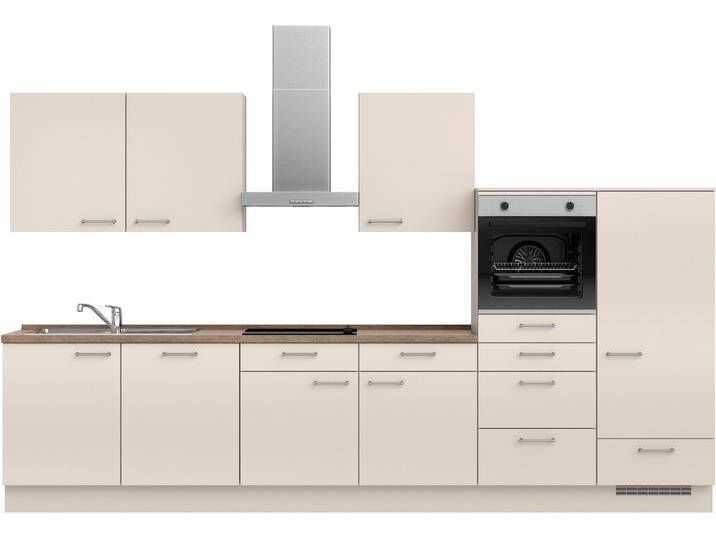 Küchenzeile NOBILIA  Laser I , Ausrichtung wählbar, Breite 360 cm , beige (küche: natur, korpus: sandfarben, arbeitsplatte: eiche havanna nachbildung), B:360,3cm H:216,6cm T:60cm, Komplettküchen-Sets, vormontiert, wahlw. mit unterschiedlichen E-Geräten-Sets von nobilia