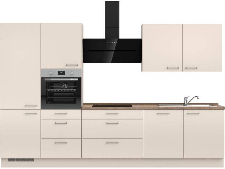 Küchenzeile NOBILIA  Laser II , Ausrichtung wählbar, Breite 330 cm , beige (küche: natur, korpus: sandfarben, arbeitsplatte: eiche havanna nachbildung), B:330,3cm H:216,6cm T:60cm, Komplettküchen-Sets, vormontiert, wahlw. mit unterschiedlichen E-Geräten-Sets von nobilia