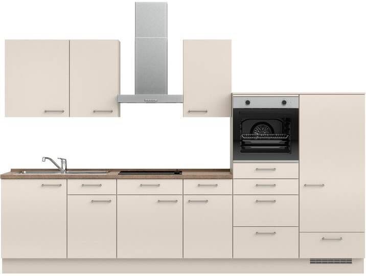 Küchenzeile NOBILIA  Laser II , Ausrichtung wählbar, Breite 330 cm , beige (küche: natur, korpus: sandfarben, arbeitsplatte: eiche havanna nachbildung), B:330,3cm H:216,6cm T:60cm, Komplettküchen-Sets, vormontiert, wahlw. mit unterschiedlichen E-Geräten-Sets von nobilia