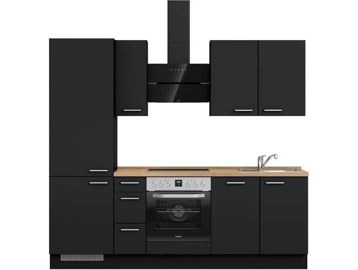 Küchenzeile NOBILIA  Touch II , schwarz (küche: schwarz, korpus: schwarz, arbeitsplatte: eiche sierra nachbildung), B:240,3cm H:216,6cm T:60cm, Komplettküchen-Sets, vormontiert, Ausrichtung wählbar, Breite 240 cm, wahlw. mit E-Geräten von nobilia