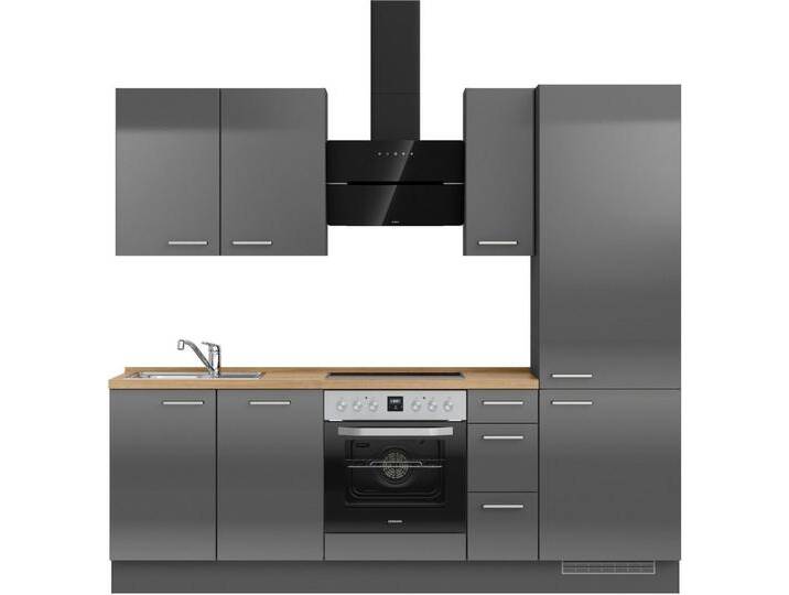 nobilia® Küchenzeile Flash premium , vormontiert, Ausrichtung wählbar, Breite 240 cm, ohne E-Geräte, grau, Spülenschrank links, Front: Lacklaminat Schiefergrau Hochglanz von nobilia