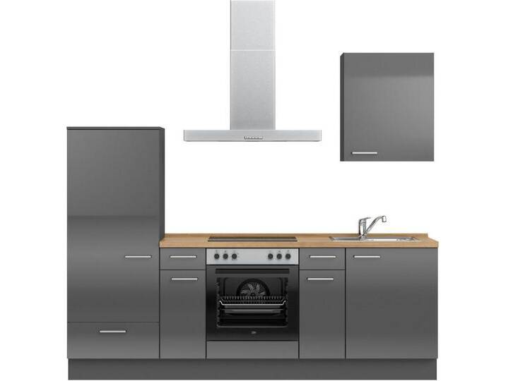 nobilia® Küchenzeile Flash basic , vormontiert, Ausrichtung wählbar, Breite 240 cm, ohne E-Geräte, grau, Spülenschrank rechts, Front: Lacklaminat Schiefergrau Hochglanz von nobilia