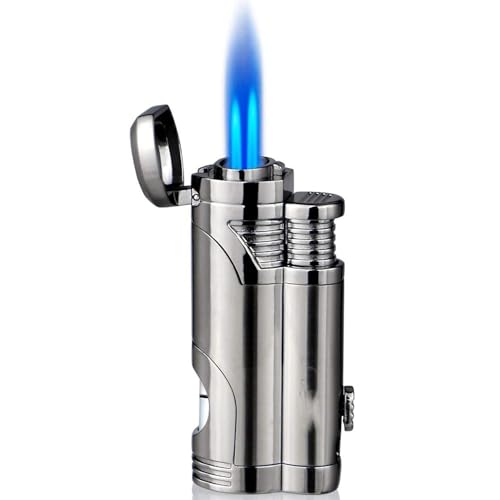 Winddichtes Feuerzeug mit Zwei Flammen, Butan-Fackelfeuerzeug mit Einstellbarer Flamme und sichtbarem transparentem Fenster(Silver) von nopqw