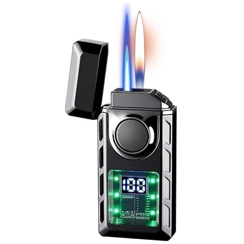 Winddichtes Feuerzeug mit Zwei Flammen, Butan-Feuerzeug mit Einstellbarer Flamme und sichtbarem transparentem Fenster, geeignet als Geschenk for Männer(Black) von nopqw