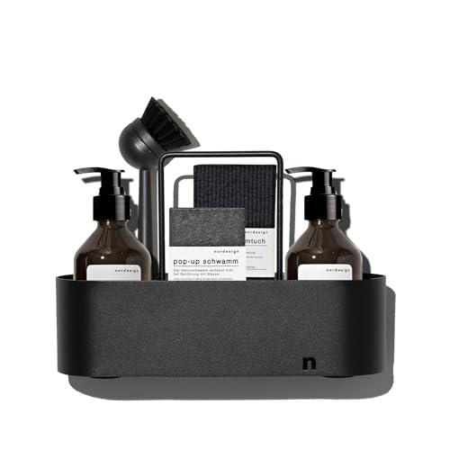 Spülbecken Organizer Premium in schwarz von nordesign, 8-teilig inkl. Seifenspender, Spülschwämme, Schwämme - Hochwertiger Edelstahl Organizer von nordesign sustainable living