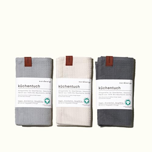 nordesign® Geschirrtücher 3er Set | Küchentücher Baumwolle | GOTS-zertifizierte Bio-Baumwolle | Super saugstark, streifenfrei, langlebig | Waschbar bis 60°C | Beige, Grau von nordesign sustainable living