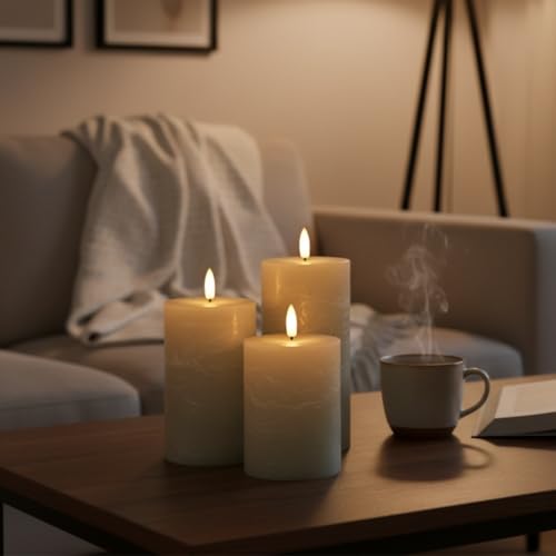 nordicflame Premium LED Kerzenset – 3 Stück Echtwachs Kerzen in rustikaler Optik, für den Innenbereich, mit Fernbedienung & Timer, 3D Flamme, flackernd, Salbeigrün, Sandfarbe, Weiß (Sandfarbe) von nordicflame