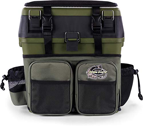 Angelkoffer Angelbox Angeltasche gepolsterte Sitzkiepe Sitzfunktion Gerätekasten mit Rucksackfunktion und aufgesetzen Taschen - inklusive 4 Tackle-Boxen für Angelzubehör Farbe Dunkelgrün von normani