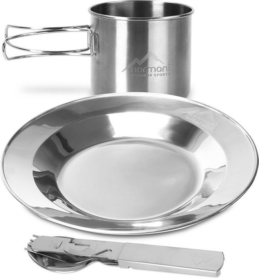 normani Geschirr-Set BW Besteck mit Teller und Falttasse (4-tlg), Edelstahl, Camping Geschirr Essgeschirr Outdoor Besteck Kochgeschirr - 500ml - Rostfrei und Lebensmittelecht von normani