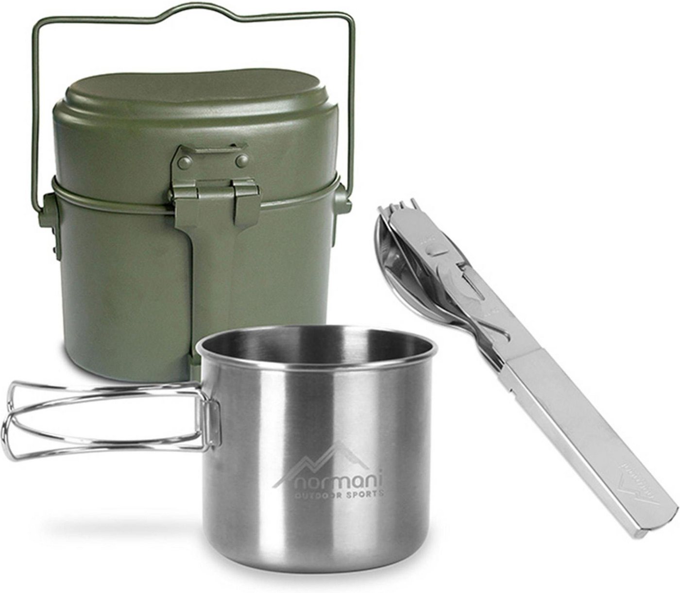 normani Geschirr-Set BW Kochgeschirr mit BW Besteck und Falttasse (4-tlg), Edelstahl, Camping Geschirr Essgeschirr Outdoor Besteck Kochgeschirr - 500ml - Rostfrei und Lebensmittelecht von normani