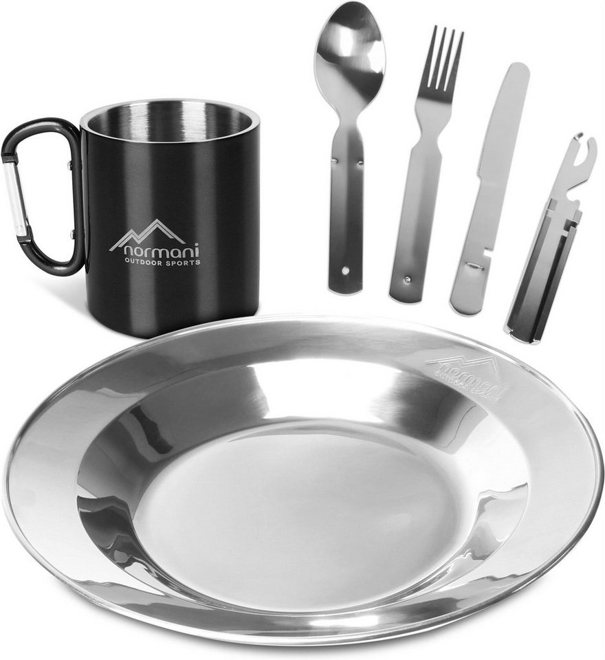 normani Geschirr-Set Camping-Geschirrset 7-Teilig (4-tlg), 1 Personen, Edelstahl, Outdoor Kochgeschirr Ess-Geshirrset Campingheschirr bestehend aus Karabiner Thermotasse, 5-1 Beteck und Teller - Lebensmittelecht und Rostfrei von normani