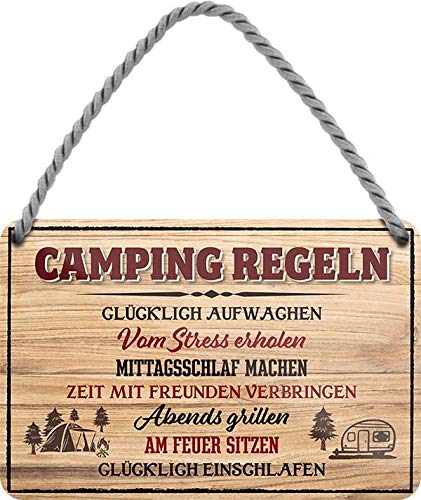 Blechschild ''Camping Regeln. Glücklich aufwachen..'' 18x12cm Geschenk Lustige Sprüche Feier Vintage Retro Geburtstag Deko Party Überraschung Fan Camping Natur Wald Freiheit von Generic