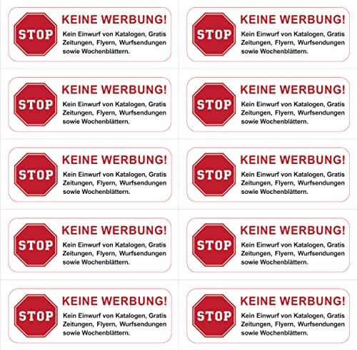 notlok Safety Work - 10x Aufkleber Keine Werbung und Kostenlose Zeitungen | 6x2cm Groß | Bitte Keine Werbung Aufkleber mit großem STOP Schild | Starker Klebstoff | Aufkleber Keine Werbung Briefkasten von notlok Safety Work