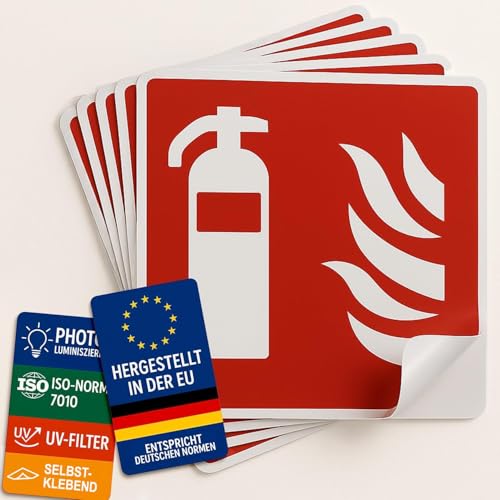 notlok Safety Work – 5x Feuerlöscher Schild Aufkleber [ 15x15 cm ] selbstklebend & nachleuchtend nach DIN EN ISO 7010 | Brandschutz Piktogramme | Schild Feuerlöscher | Wetterfeste Sicherheitsschilder von notlok Safety Work