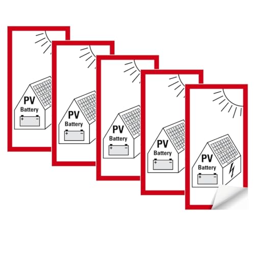 notlok Safety Work - 5x Pv-Aufkleber [ 10 x 20 cm ] | Selbstklebend, Wetterfest - für Innen- und Außeneinsatz | Pv Batterie, Solar Aufkleber, Photovoltaik Zum Aufkleben, Kleine Pv Anlage mit Speicher von notlok Safety Work