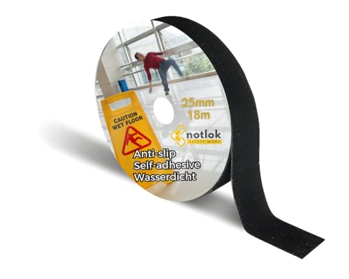 notlok Safety Work - Antirutsch Klebeband [ 18M x 2,5cm ] Schwarz | Griptape für den Innen- und Außenbereich | Grip Tape, Anti Rutsch Streifen, Antirutschstreifen Treppe, Treppenstufen Antirutsch von notlok Safety Work