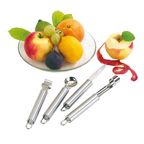 4-teiliges Obstmesserset "Fruit": bestehend aus Orangenmesser, Zitronenschaber, Fruchtfleischlöffel und Apfelentkerner, alle Messer mit praktischer Aufhängöse von noTrash2003