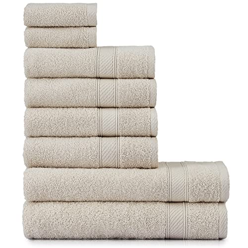 nottoc Handtücher Set Beige Sand 8-TLG / 2 Badetücher 70x140 + 4 Handtücher 50x90 + 2 Gästehandtücher 30x50 - Handtuch mit Aufhänger 100% Baumwolle Saugfähige Weiche Luxus Duschhandtücher von nottoc