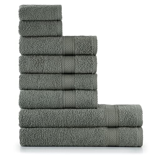 nottoc Handtücher Set Grün 8-TLG / 2 Badetücher 70x140 + 4 Handtücher 50x90 + 2 Gästehandtücher 30x50 - Handtuch mit Aufhänger 100% Baumwolle Saugfähige Weiche Luxus Duschhandtücher - Dunklegrün von nottoc