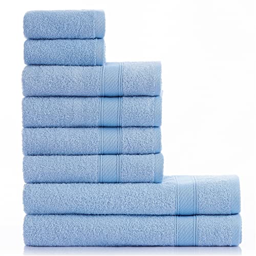 nottoc Handtücher Set Hellblau 8-TLG / 2 Badetücher 70x140 + 4 Handtücher 50x90 + 2 Gästehandtücher 30x50 - Handtuch mit Aufhänger 100% Baumwolle Saugfähig Weich Luxus - Sky Blau von nottoc