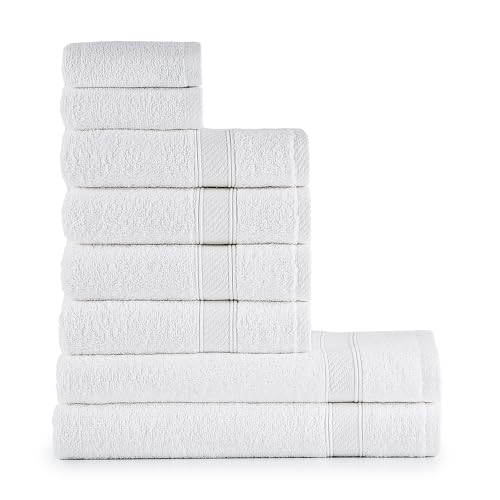 nottoc Handtücher Set Weiß 8-TLG / 2 Badetücher 70x140 + 4 Handtücher 50x90 + 2 Gästehandtücher 30x50 - Handtuch mit Aufhänger 100% Baumwolle Saugfähige Weiche Luxus Duschhandtücher - Weiss nottoc Handtücher Set Weiß 8-TLG / 2 Badetücher 70x140 + 4 Handtücher 50x90 + 2 Gästehandtücher 30x50 - Handtuch mit Aufhänger 100% Baumwolle Saugfähige Weiche Luxus Duschhandtücher - Weiss von nottoc