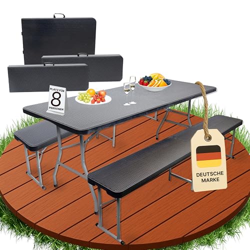 novaterra Klappbarer Buffettisch mit 2 Bänken – Gartentisch Set für Party, Camping, Garten & Balkon – Stabiler Klapptisch mit Sitzbänken Rattan-Look novaterra Klappbarer Buffettisch mit 2 Bänken – Gartentisch Set für Party, Camping, Garten & Balkon – Stabiler Klapptisch mit Sitzbänken Rattan-Look von novaterra