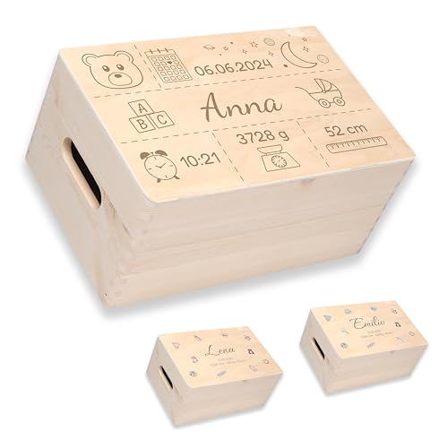 Erinnerungsbox Holzkiste mit individueller GRAVUR, persönlich gestaltetet Aufbewahrungsbox, Geschenkebox zur Geburt aus Holz, personalisierte Holzbox als Erinnerungsbox Holzkiste (Größe M - 6 Liter) von nox light
