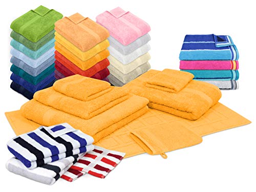 npluseins Bio-Handtuchserie im Doppelpack - erhältlich in 22 modischen und trendigen Unifarben in 7 verschiedenen Größen, sowie 7 Streifen-Variationen, Waschhandschuh 16 x 21 cm, mangogelb von npluseins