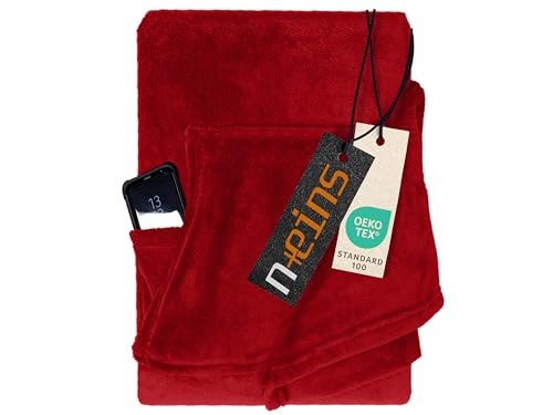 npluseins Coral Fleece Kuscheldecke – das Original mit Ärmel & Bauchtasche 1448.2043, 130 x 180 cm, Bordeaux von npluseins