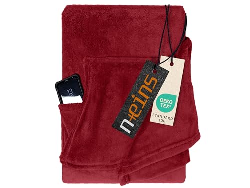 npluseins Coral Fleece Kuscheldecke – das Original mit Ärmel & Bauchtasche 1448.2043, 130 x 180 cm, Burgund von npluseins