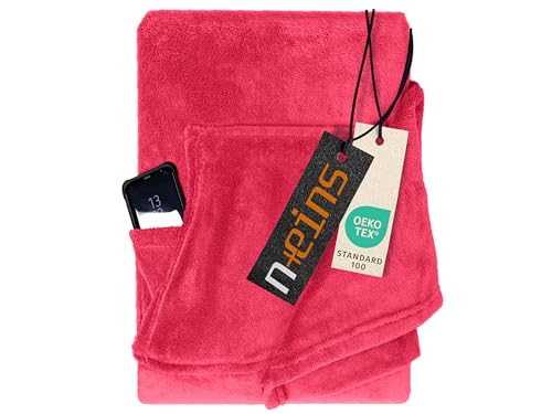 npluseins Coral Fleece Kuscheldecke – das Original mit Ärmel & Bauchtasche 1448.2043, 130 x 180 cm, pink von npluseins