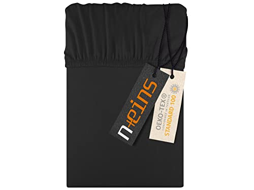 npluseins Jersey Spannbettlaken aus 100% Baumwolle - in 22 Farben - in 6 Größen, ca. 140-160 x 200 cm, schwarz von npluseins