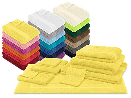 npluseins Packs zum Sparpreis - solide Frottiertücher - erhältlich in 20 modernen Farben und 8 verschiedenen Größen, 2er Pack Badetücher (100 x 150 cm), gelb von npluseins