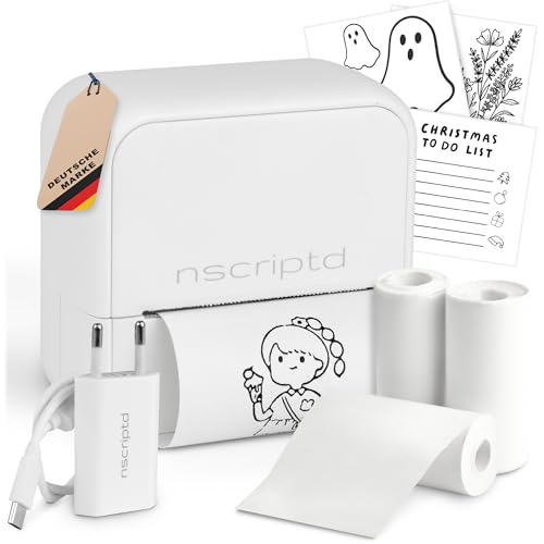 nscriptd Mini Drucker Bluetooth – Mobiler Etikettendrucker & Beschriftungsgerät selbstklebend für Smartphone – Label Printer für Fotos, Sticker & Etiketten – Tintenfrei – Weiß von nscriptd