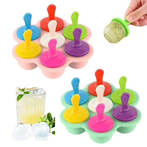 Eisförmchen Popsicle Formen 2 Stück Eisformen Eis am Stiel Silikon 7 Mulden Eisform mit Kunststoffstäbchen Silikon Mini Eisformen Stieleisformer für Kinder Einfrieren von Obst Joghurt (Rosa+Grün) von nuluxi