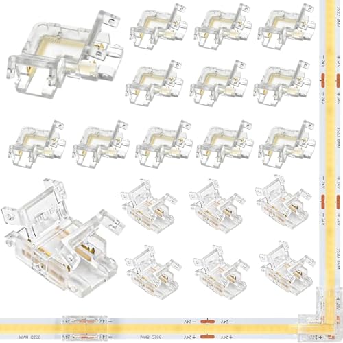 nuluxi 18 Stück 8mm COB LED Streifen Verbinder, COB LED Connector 2 Pin 8mm COB LED Streifen Eckverbinder L-form x 12 und I-form COB LED Streifen auf Kabelverbinder x 6 für 8mm LED Streifen 12V 24V von nuluxi