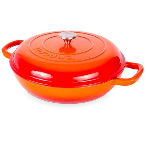 Flacher Schmortopf aus Gusseisen mit Deckel Schmortopf mit Antihaftbeschichtung ofenfest bis 260 °C Robustes, ofenfestes Suppentopf-Kochgeschirr Emaillierter Kochtopf Orange 4,7 l 32 cm von nuovva