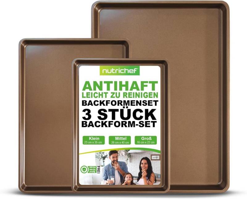 nutrichef Backblech Backformen Set 3-Teilig, Backblech Set Antihaft, Stapelbare Backbleche Kohlenstoffstahl als Backzubehör & Pizzablech von nutrichef