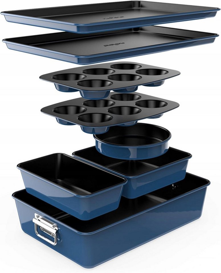 nutrichef Backform Kuchenbackformen Set 8-teilig – Stapelbar & antihaftbeschichtet, ofenfest bis 232 °C, spülmaschinenfest von nutrichef