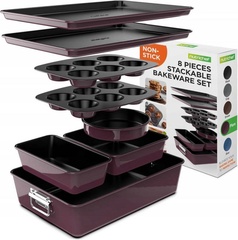nutrichef Backform Kuchenformen Set 8-teilig – Stapelbar & antihaftbeschichtet, ofenfest bis 232 °C & spülmaschinenfest von nutrichef