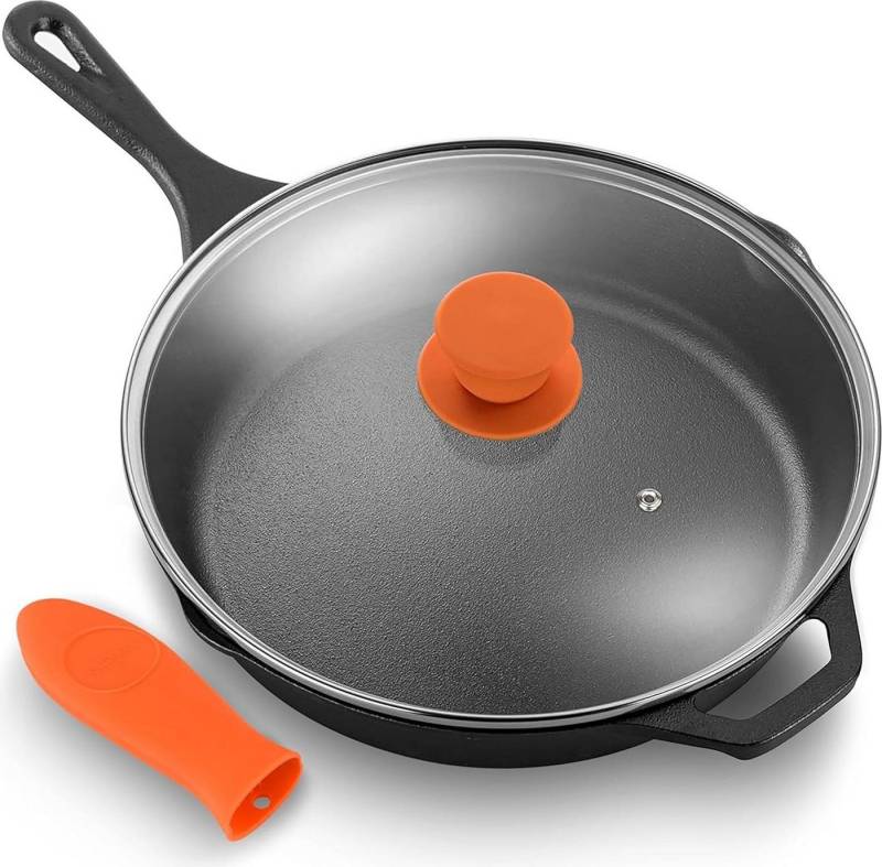 nutrichef Grillpfanne Pfanne mit Deckel - 30cm, Bratpfanne mit Ergonomischer Silikongriff von nutrichef