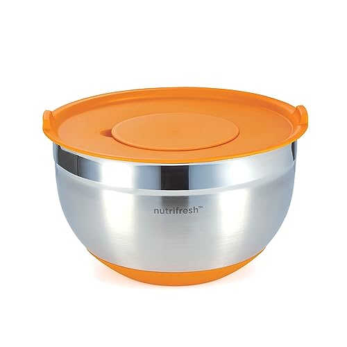 nutrifresh 4,5 l Edelstahl-Rührschüssel mit luftdichtem Deckel, multifunktional mit 3 aufsteckbaren Reiben, sehr langlebig und einfach zu bedienen von nutrifresh