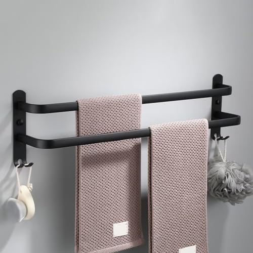 nvdsivee Handtuchhalter Ohne Bohren Schwarz Handtuchstange Wand für Bad Küche Badetuchhalter Aluminium mit 2 Haken Handtuchstange zum Kleben Schwarz 2 Schichten 60cm von nvdsivee