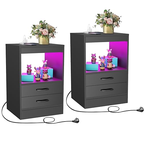 nwixbqoqn LED Bedside Table Set of 2 with 2 Drawers and Open Compartment, Nachttisch LED mit Steckdose, High Gloss Bedside Table for Living Room, Bedroom, 40 x 60 x 35 cm, Schwarz von nwixbqoqn