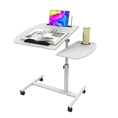 nwixbqoqn 60 x 40 cm Laptoptisch Höhenverstellbar, Beistelltisch Höhenverstellbar 61-95 cm, Computertisch mit Rollen, Tablet-Schlitz und Cup Slot für Wohnzimmer, Schlafzimmer, Weiß von nwixbqoqn