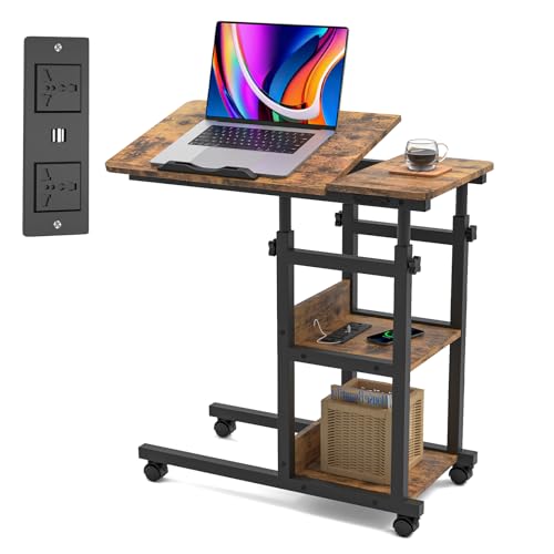 nwixbqoqn 80x40 cm Beistelltisch Computertisch mit Steckdose und Rollen, Laptoptisch Höhenverstellbar 65-90cm, Beistelltisch mit 4 Rollen für Schlafzimmer, Arbeitszimmer, Holz von nwixbqoqn